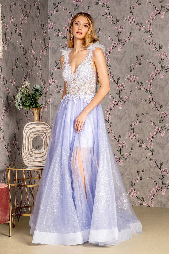 3D Flower Sheer Bodice V-back Mesh A-line Long Prom Dress GLGL3393