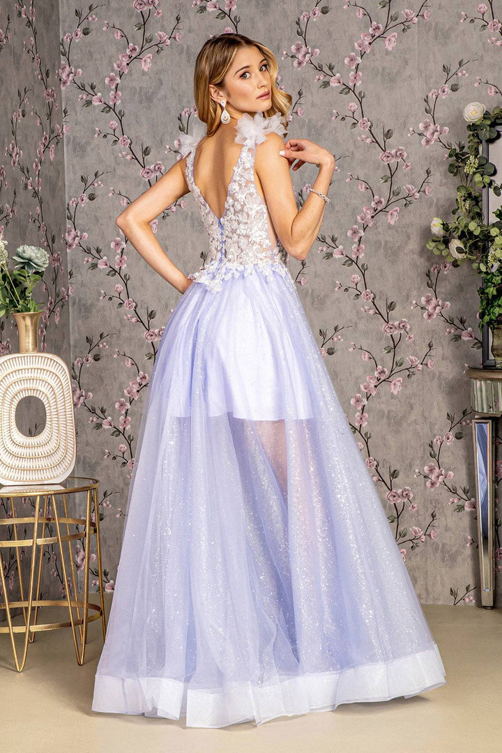 3D Flower Sheer Bodice V-back Mesh A-line Long Prom Dress GLGL3393