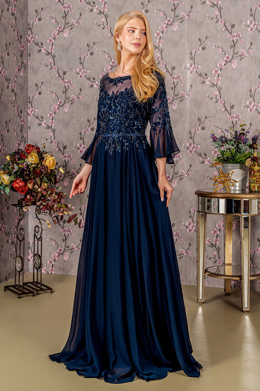 Floral Embroidery Bead Chiffon A-line Long Mother Of The Bride Dress GLGL3434-6