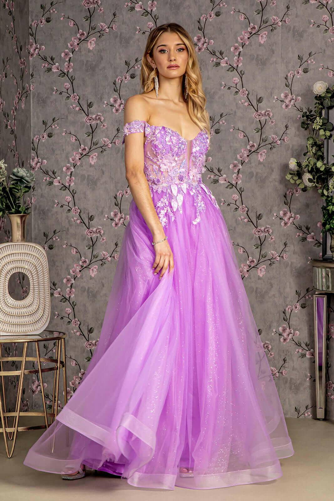 3D Flower Emboridery Sheer Bodice Mesh A-line Long Prom Dress GLGL3443-Shangri-La Fashion