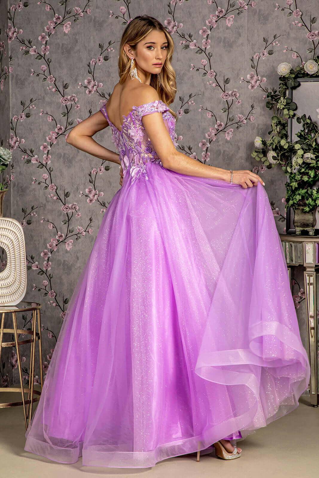 3D Flower Emboridery Sheer Bodice Mesh A-line Long Prom Dress GLGL3443-Shangri-La Fashion