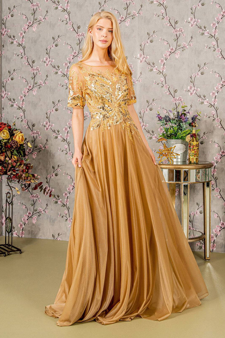 Metallic Embroidery Sheer Neckline Glitter Crepe A-line Long Mother Of The Bride Dress GLGL3444