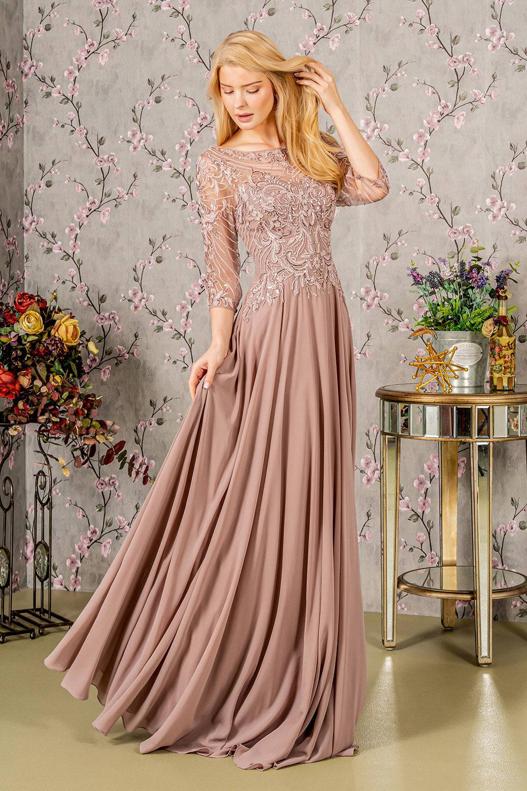 Metallic Sequin Sheer Neckline Chiffon A-line Long Mother Of The Bride Dress GLGL3446