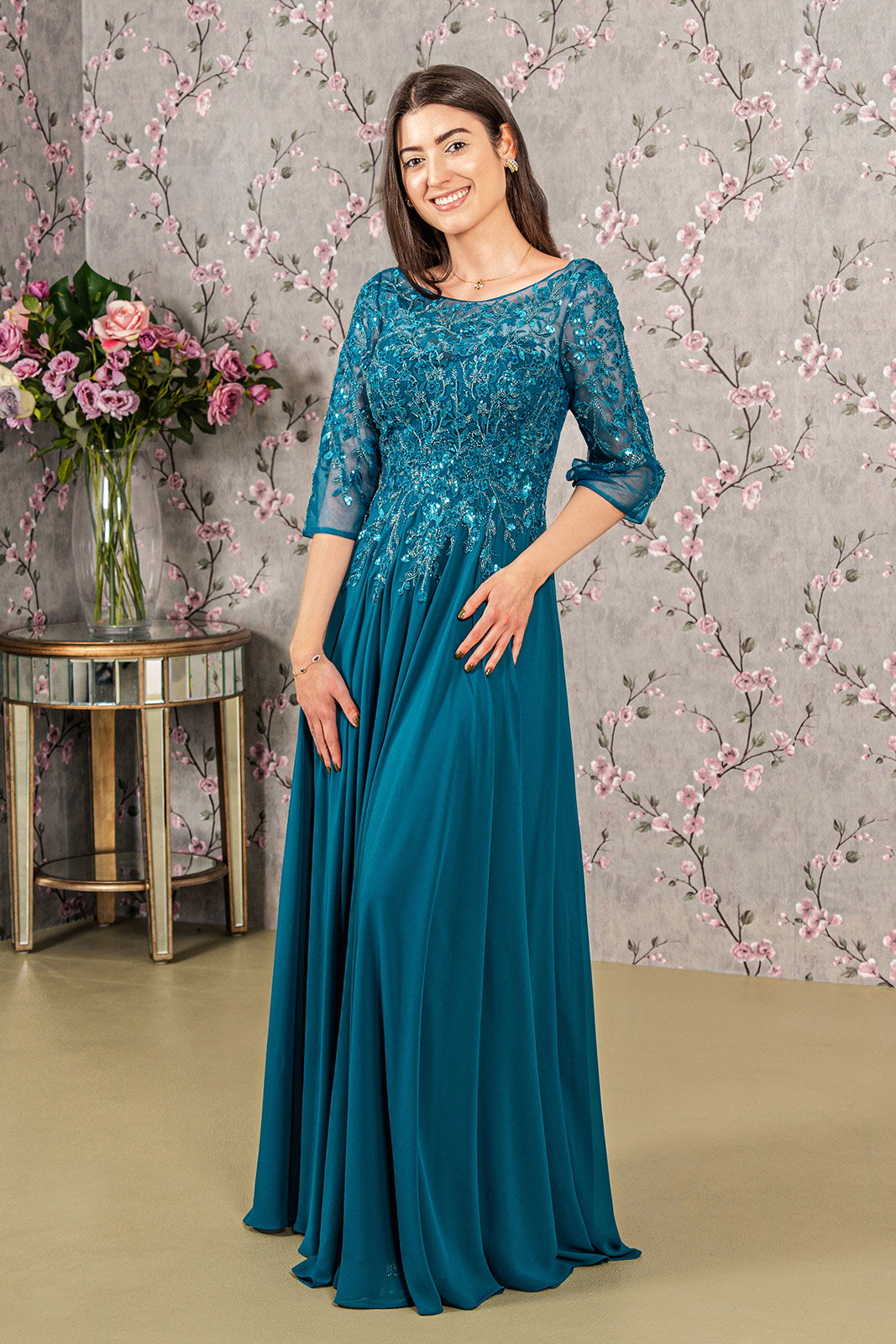 Bead Embroidery Sheer Neckline Chiffon Mermaid Long Mother Of The Bride Dress GLGL3447-0