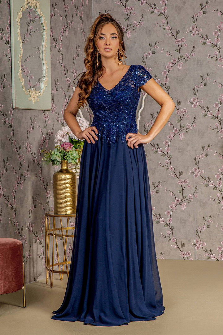 Embroidery Sequin Sheer V-neckline Chiffon A-line Long Mother Of The Bride Dress GLGL3450