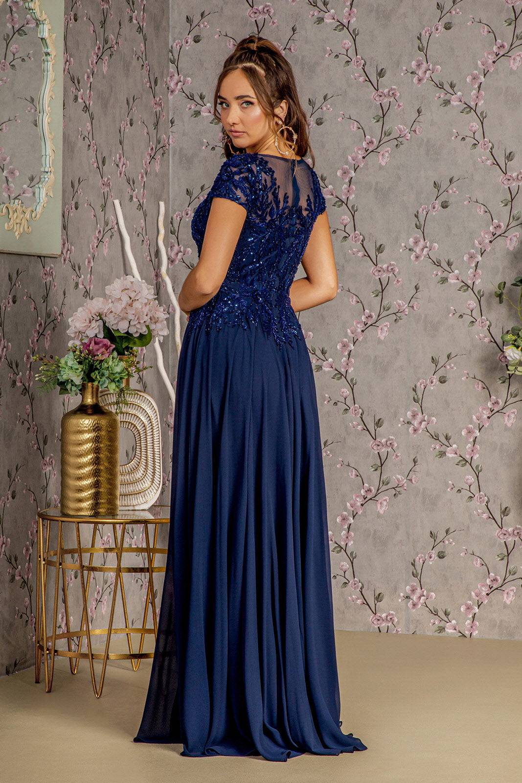 Embroidery Sequin Sheer V-neckline Chiffon A-line Long Mother Of The Bride Dress GLGL3450