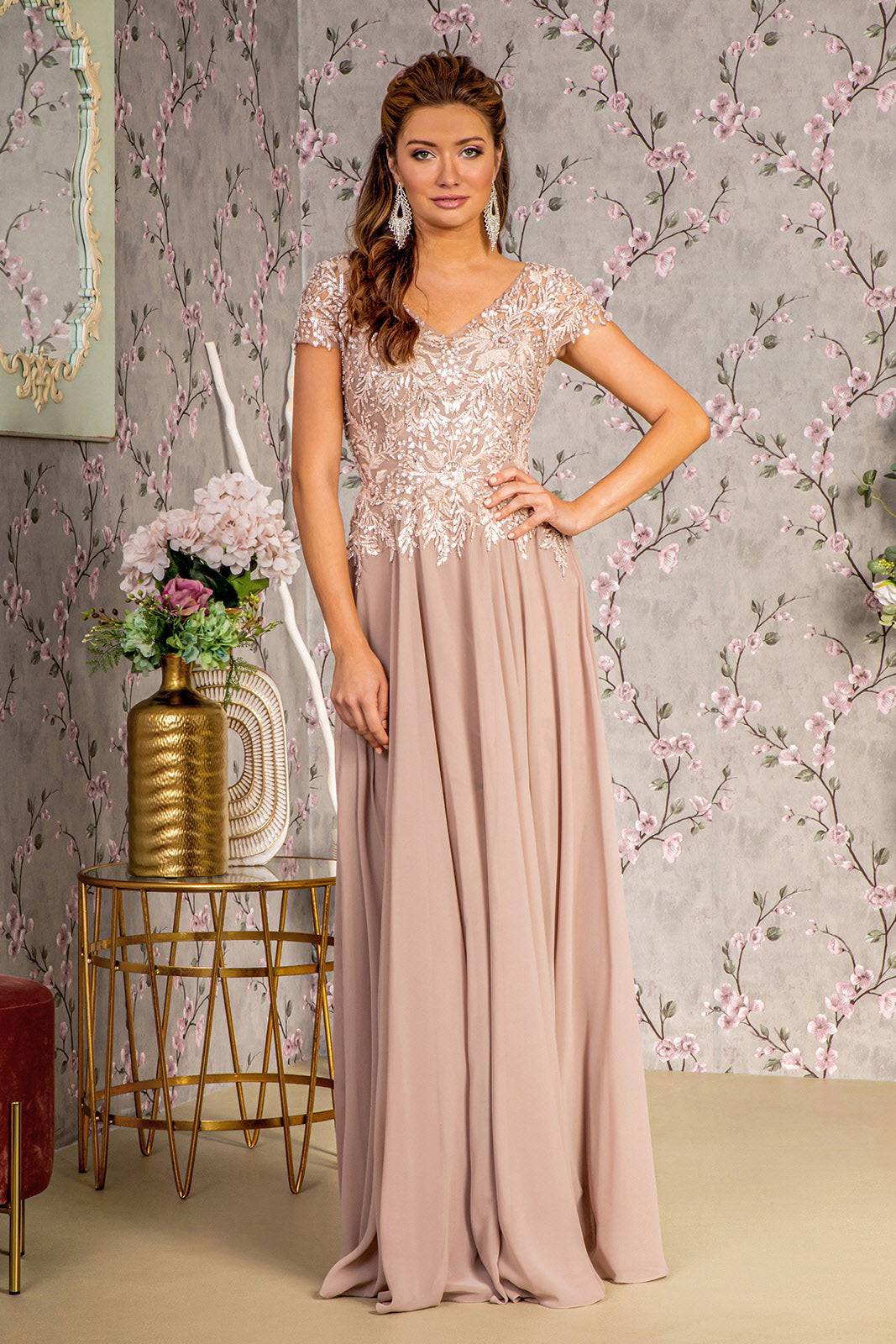 Embroidery Sequin Sheer V-neckline Chiffon A-line Long Mother Of The Bride Dress GLGL3450