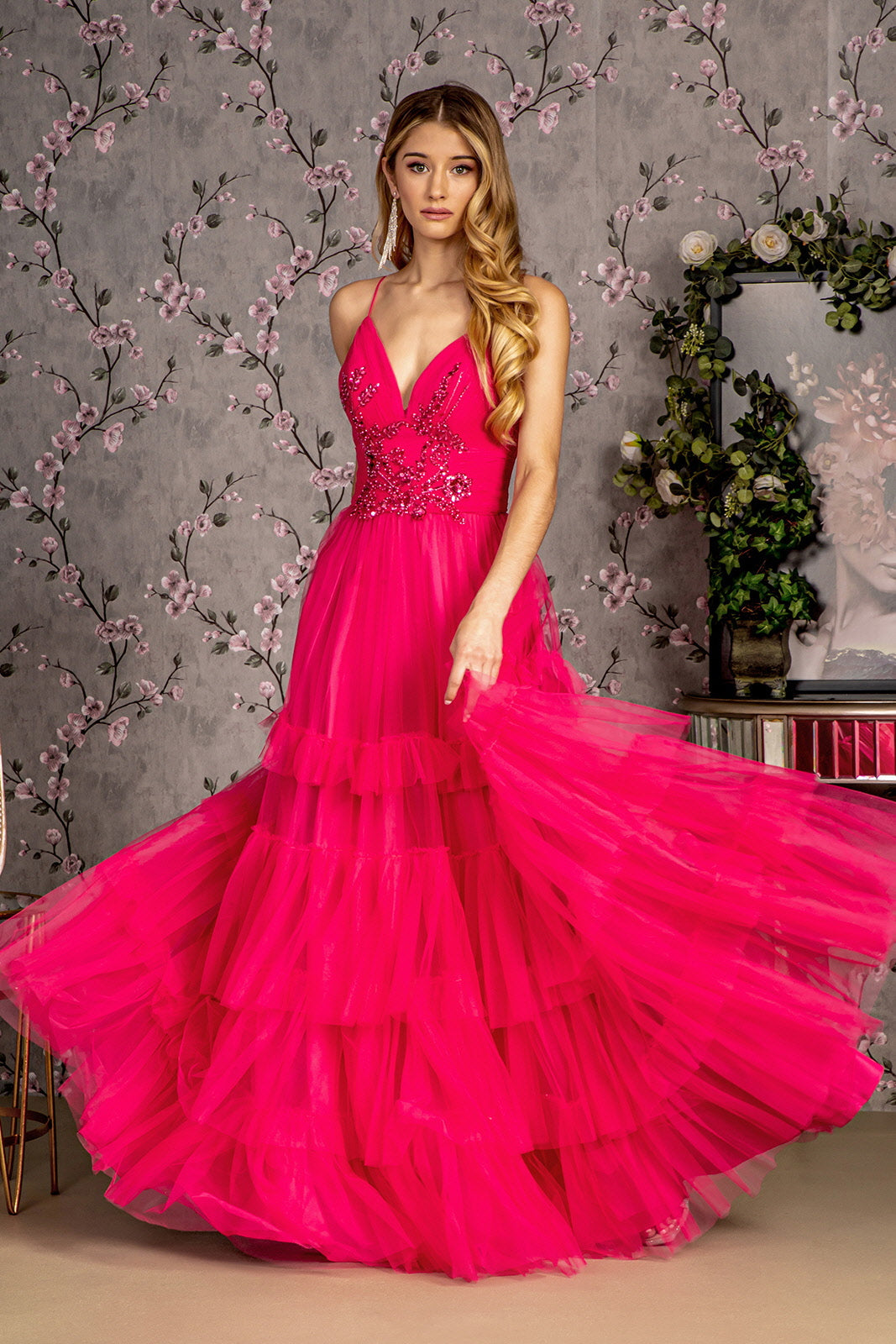 Sequin Bead Sweetheart Ruffled Skirt Mesh A-line Long Prom Dress GLGL3452-4