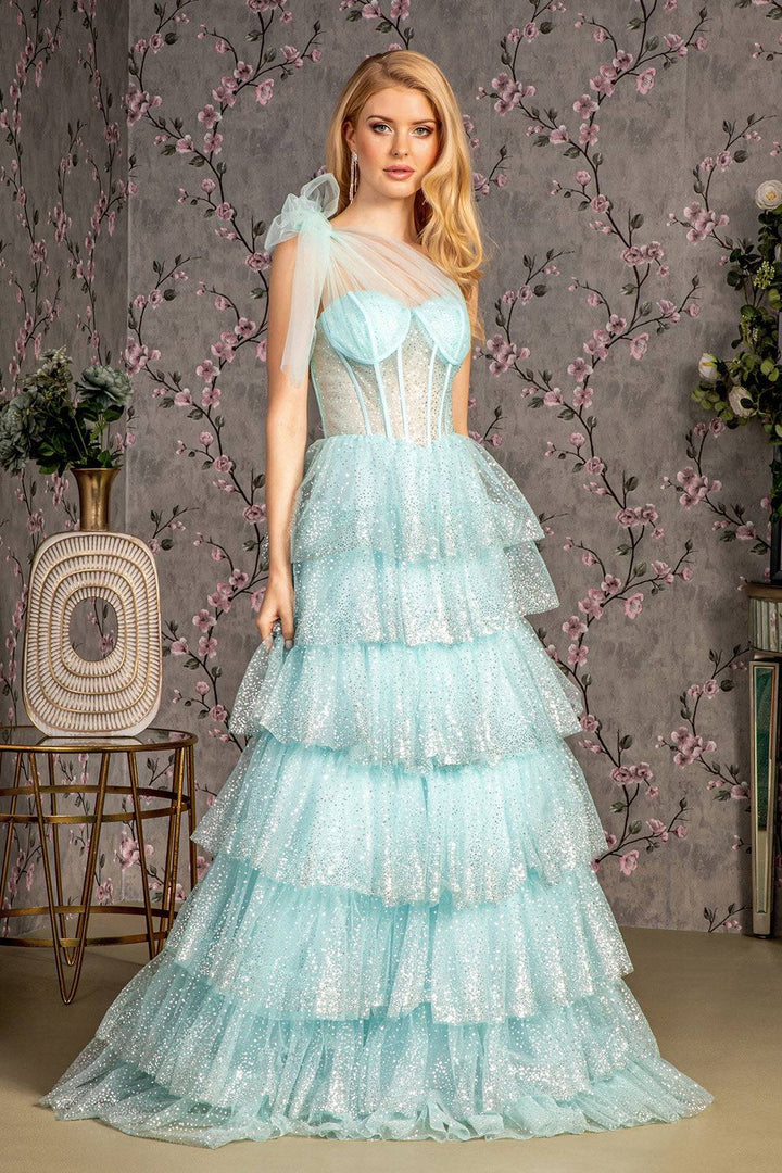 Glitter Sheer Bodice Ribbon Straps Ruffled Skirt Mesh A-line Long Prom Dress GLGL3454-Shangri-La Fashion