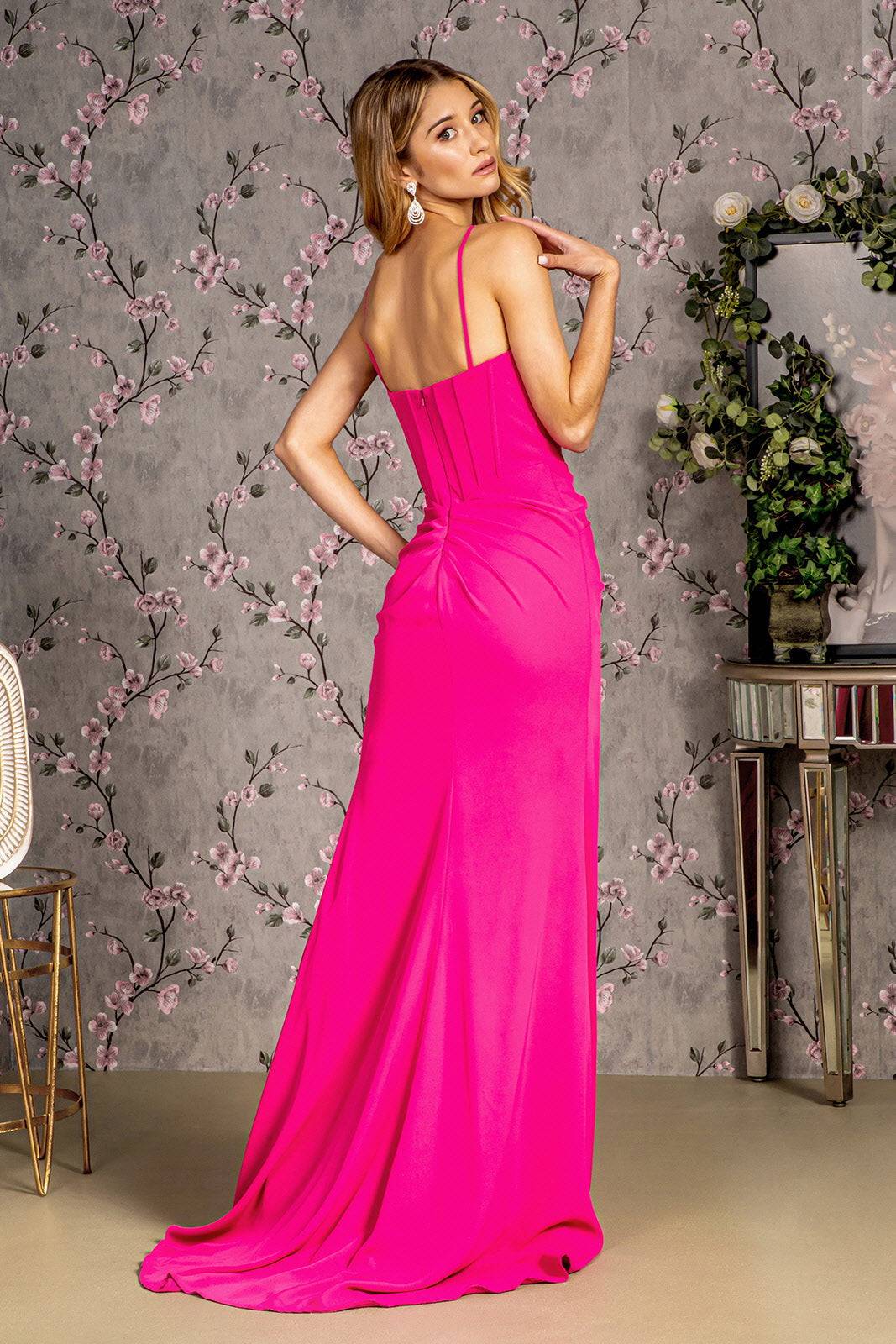 Ribbon Front Ruched Side Rome Jersey Mermaid Long Prom Dress GLGL3458