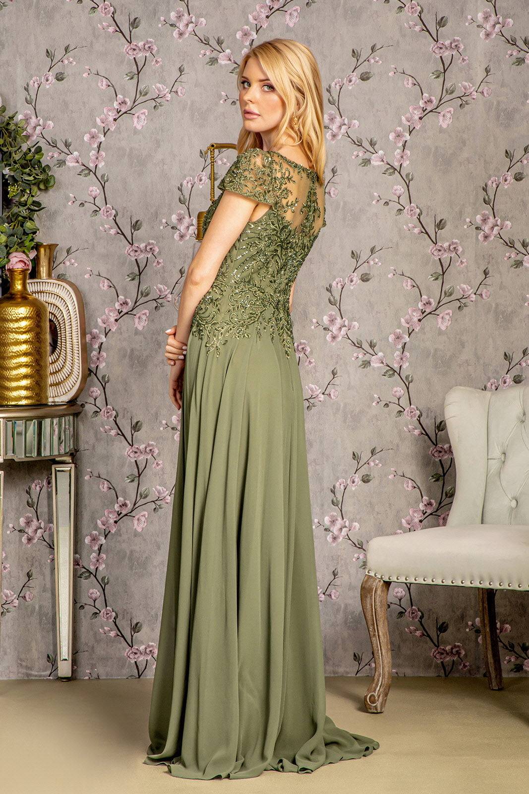 Embroidery Bead Sheer Bodice A-line Chiffon Long Mother Of The Bride Dress GLGL3491