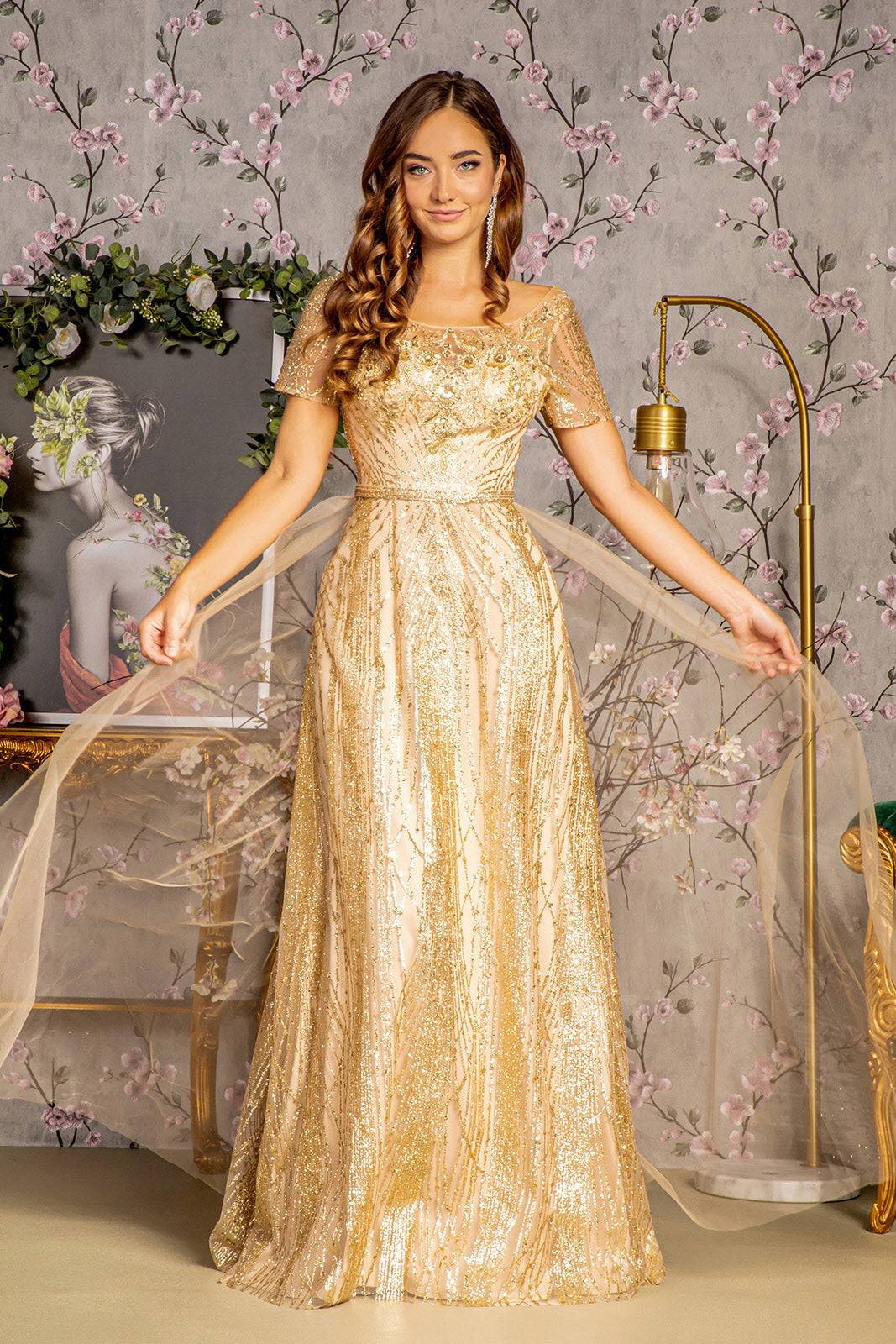 Metallic Bead Mesh A-line Waist Band Long Drape Long Mother Of The Bride Dress GLGL3493