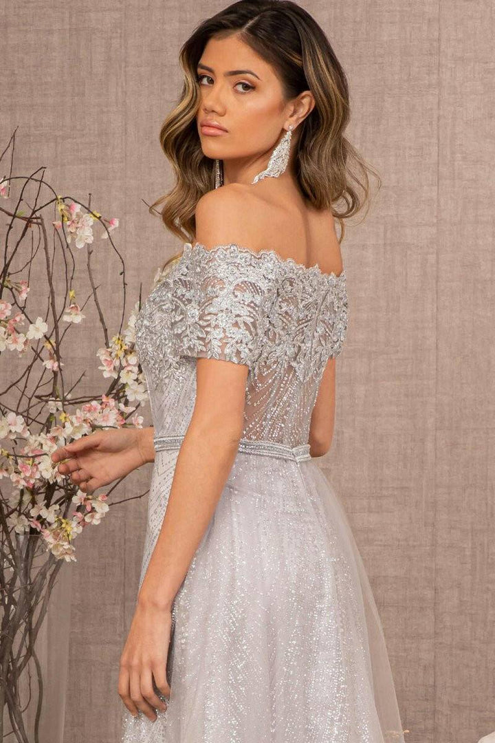 Glitter Print Mesh Cut-Away Shoulder A-Line Long Mother Of The Bride Dress GLGL2942 Sale-Shangri-La Fashion