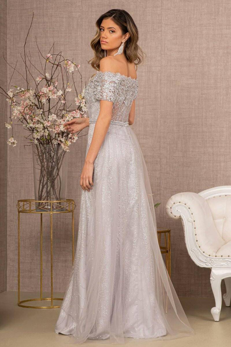 Glitter Print Mesh Cut-Away Shoulder A-Line Long Mother Of The Bride Dress GLGL2942 Sale-Shangri-La Fashion