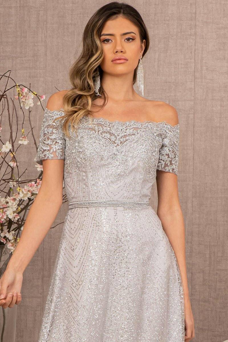 Glitter Print Mesh Cut-Away Shoulder A-Line Long Mother Of The Bride Dress GLGL2942 Sale-Shangri-La Fashion