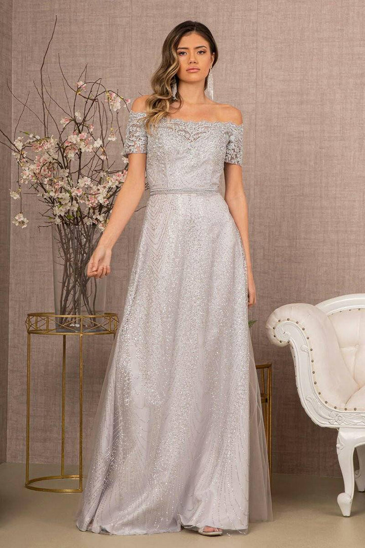 Glitter Print Mesh Cut-Away Shoulder A-Line Long Mother Of The Bride Dress GLGL2942 Sale-Shangri-La Fashion