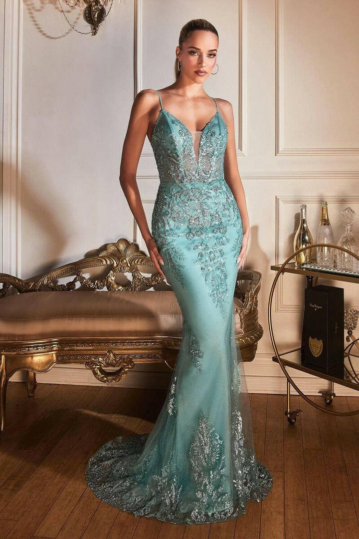 Glittered Mermaid Sequin Deep V-neck Spaghetti Strap Bodice Long Prom & Bridesmaid Dress CDOC007-Shangri-La Fashion