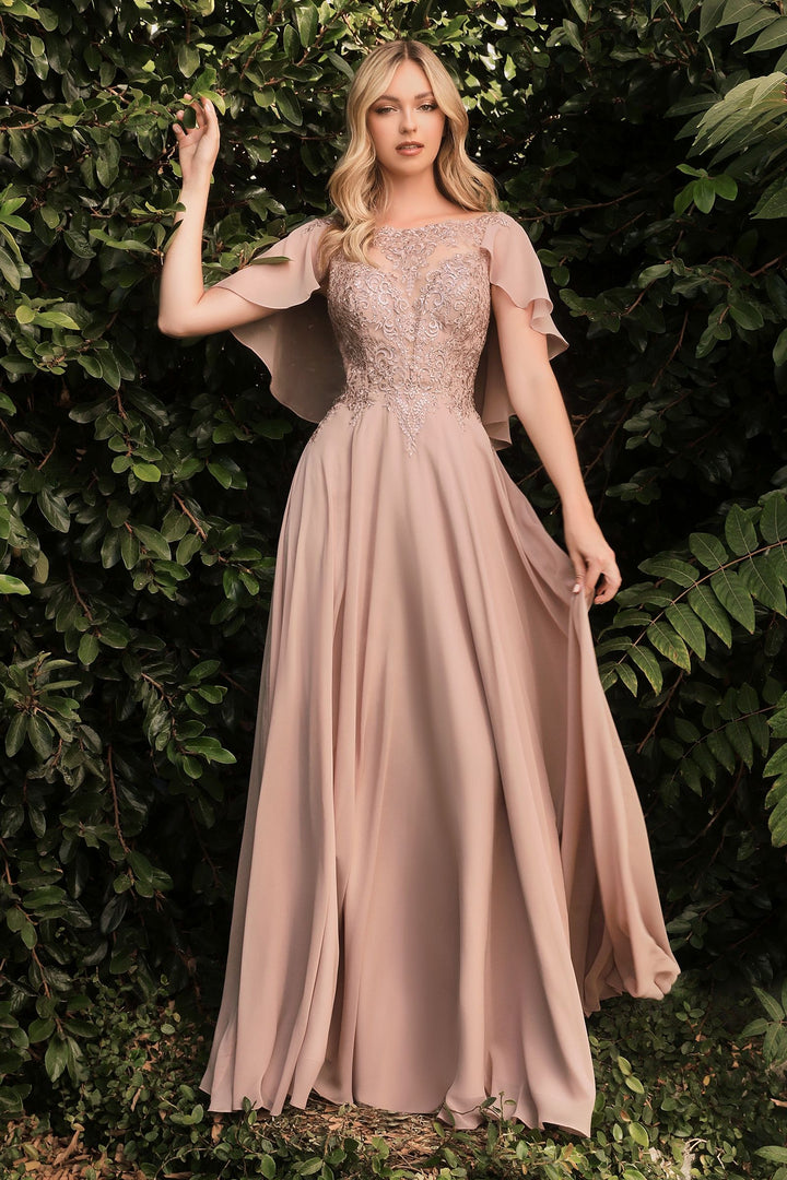 A-line Chiffon Caplet Detail Floral Appliqué Long Mother Of The Bride Dress CDHT101-2