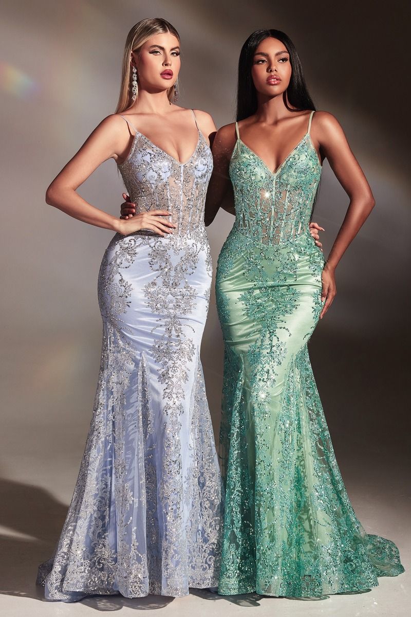 Fitted Floral Glitter Print Sheer Structured Corset with V-neck Long Gala & Prom Dress CDJ810-6