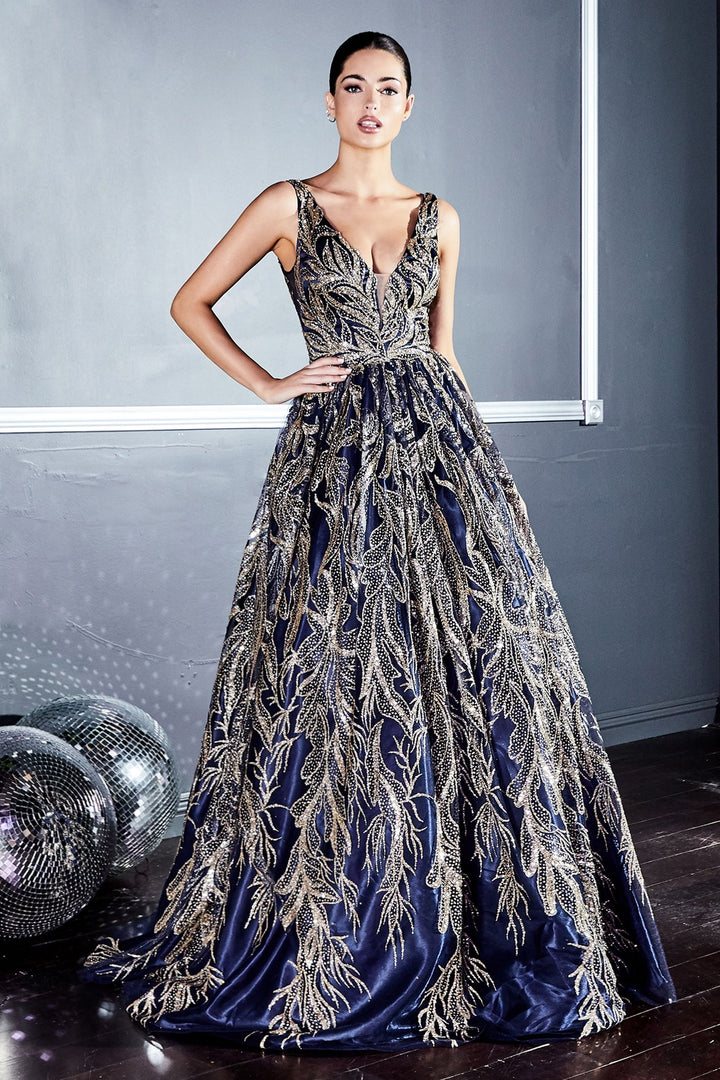 Floral Glitter Print Appliqué V-neck Pointy Open Back Bodice Long Prom & Ball Dress CDJ812-2