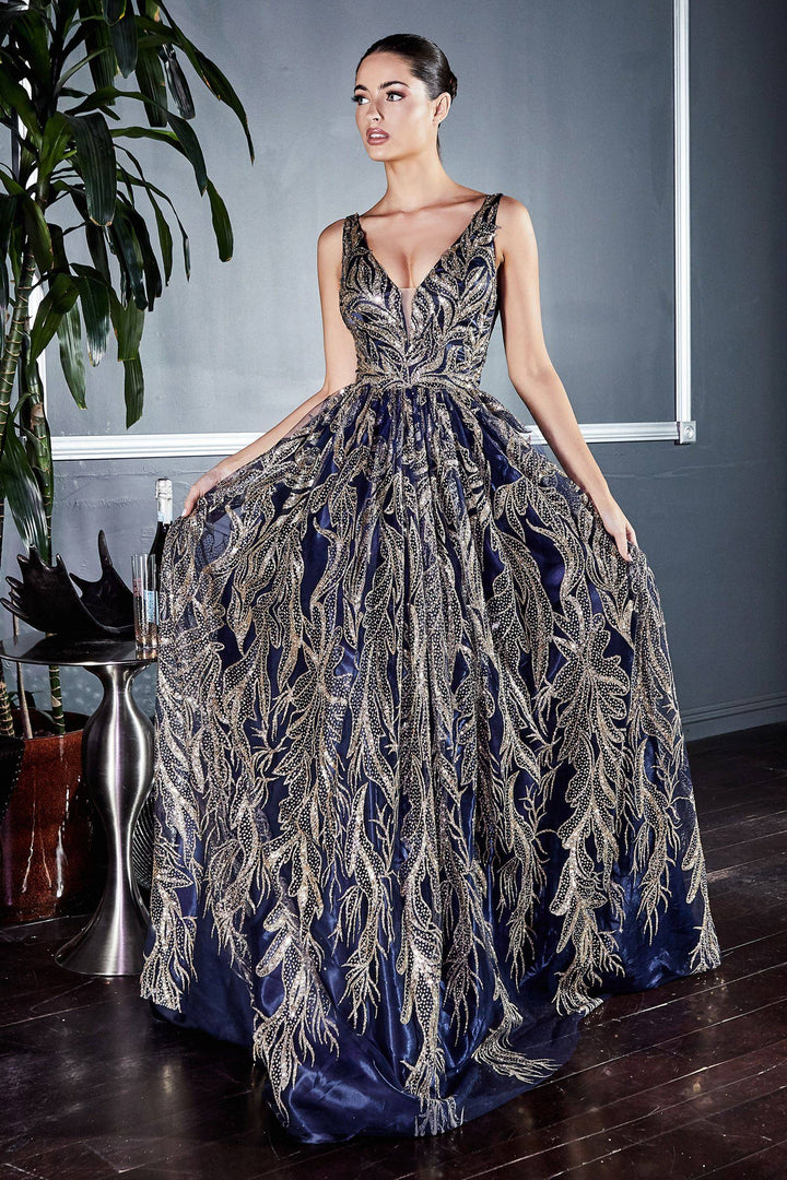 Floral Glitter Print Appliqué V-neck Pointy Open Back Bodice Long Prom & Ball Dress CDJ812-Shangri-La Fashion