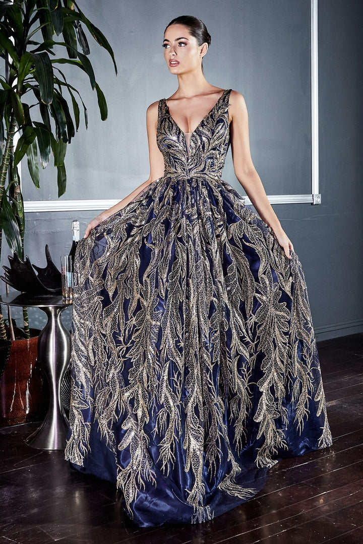 Floral Glitter Print Appliqué V-neck Pointy Open Back Bodice Long Prom & Ball Dress CDJ812-0