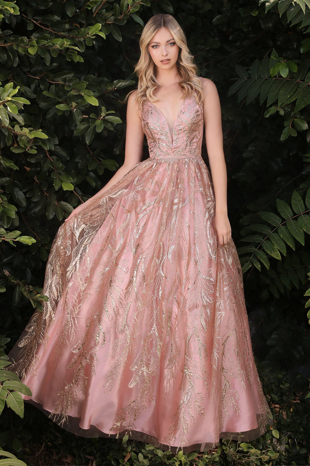 Floral Glitter Print Appliqué V-neck Pointy Open Back Bodice Long Prom & Ball Dress CDJ812-3