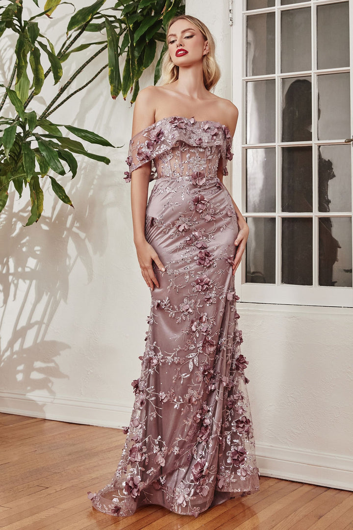 Floral Print Fitted 3D Applique Sheer off the shoulder Embellished Long Prom & Bridesmaid Dress CDJ832-5