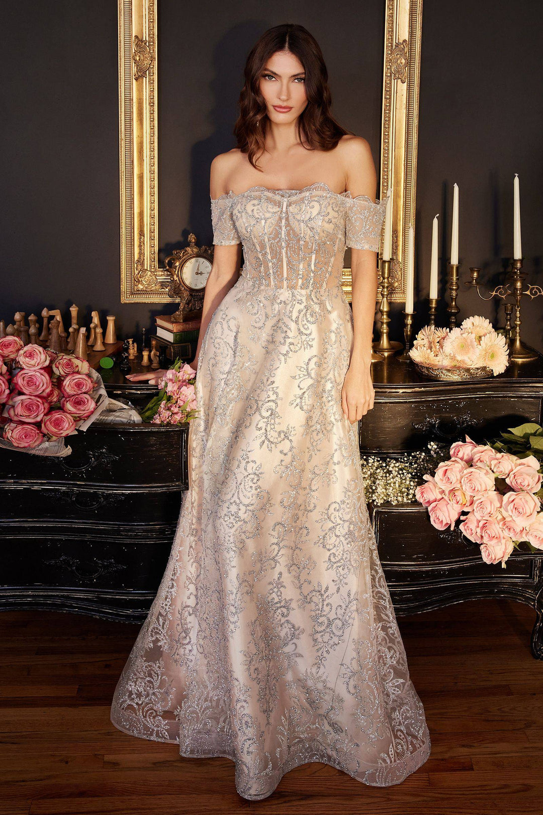 Off The Shoulder Sheer Sequin Bodice Appliqué A-Line Long Prom & Bridesmaid Dress CDJ835