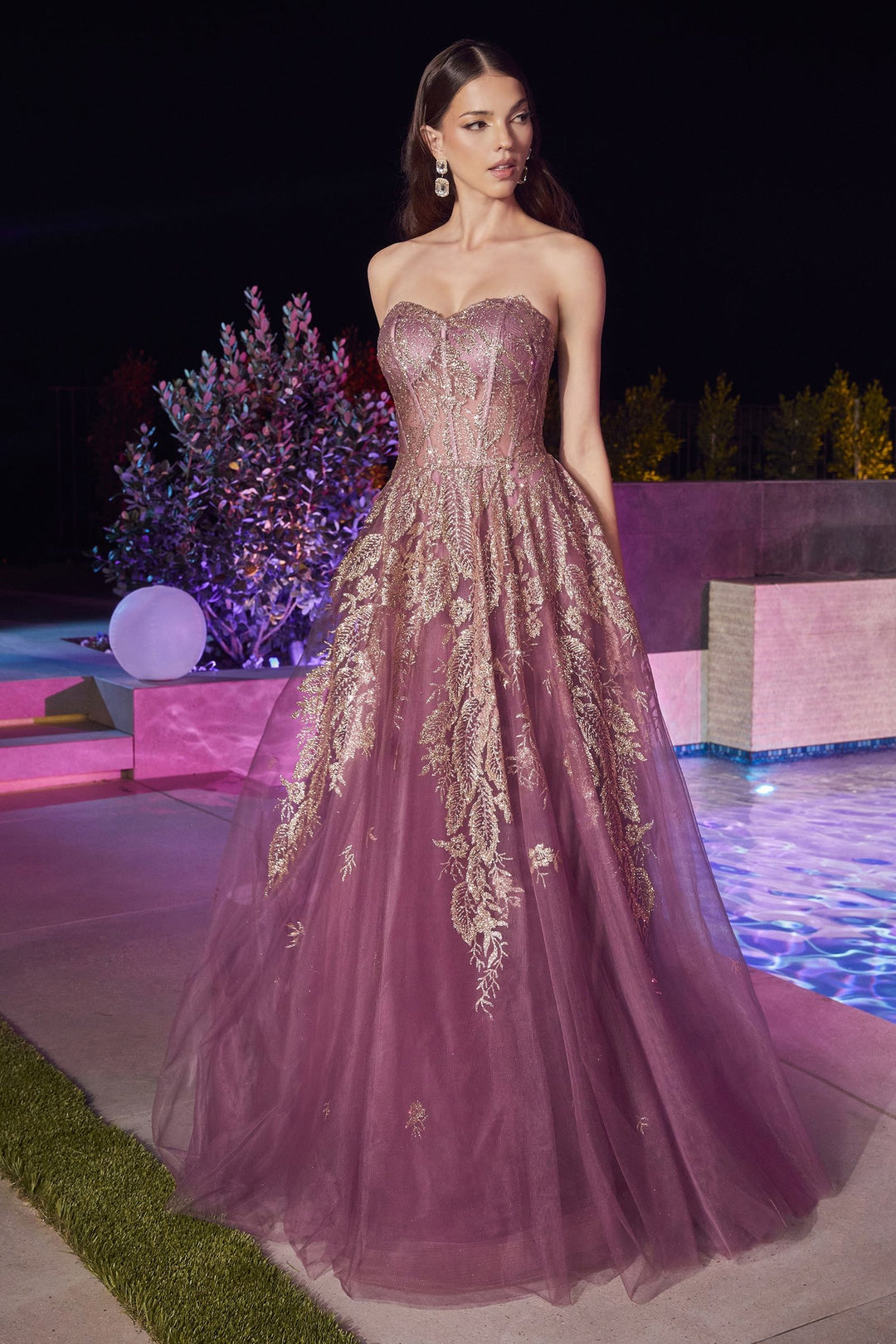 Strapless Layered Tulle Glittery Sweetheart Embroidered Bodice A-line Long Prom & Ball Dress CDJ852-3