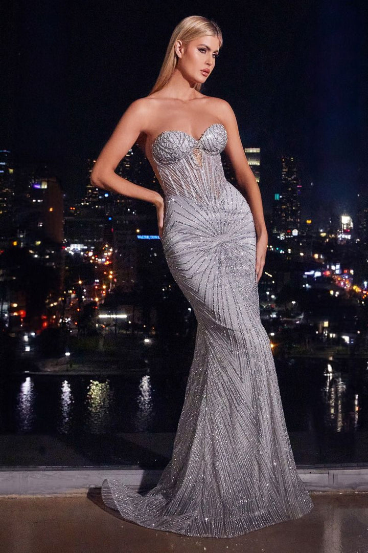 Strapless Silver Embellished Sheer Bodice Long Prom Dress CDJ871-8