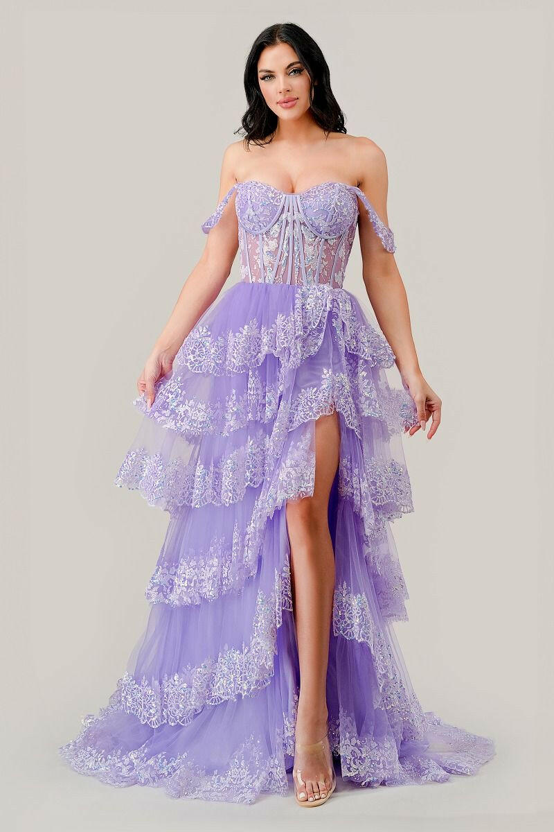 Off Shoulder Layered Sequin Side Slit Lace Up Long Prom Dress CDKV1110-0