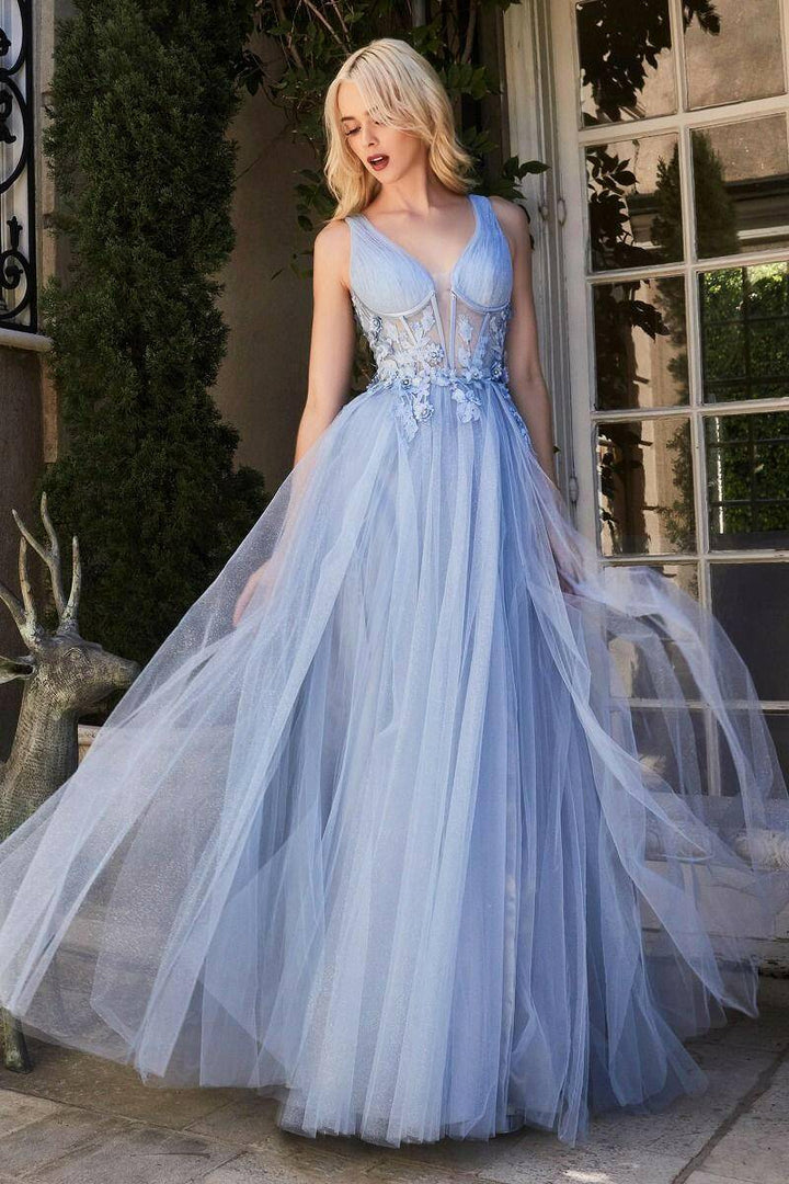 Megara Tulle Embroidered Lace Bodice Side Slit Illusion V-Neck Long Prom Dress CDA1057-Shangri-La Fashion