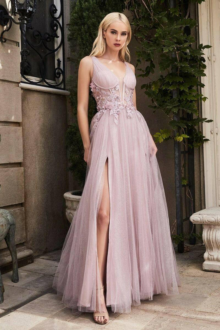 Megara Tulle Embroidered Lace Bodice Side Slit Illusion V-Neck Long Prom Dress CDA1057-Shangri-La Fashion