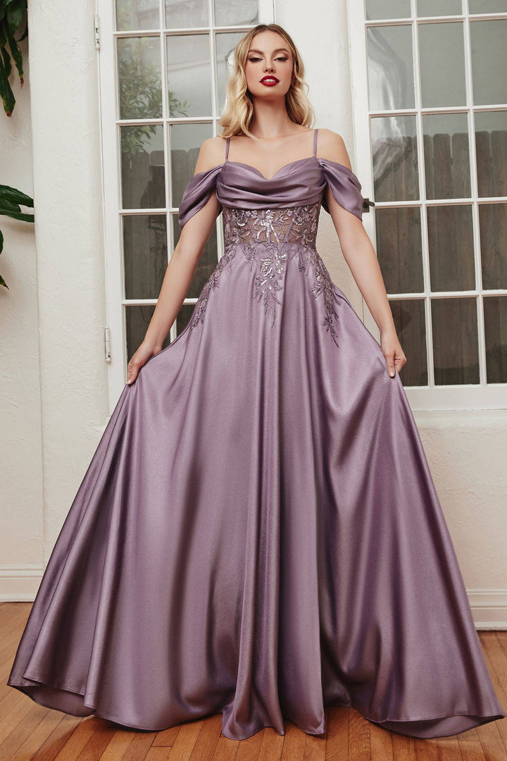 Satin Off The shoulder Sweetheart Neck Bodice A-Line Long Prom & Bridesmaid Dress CDOC012