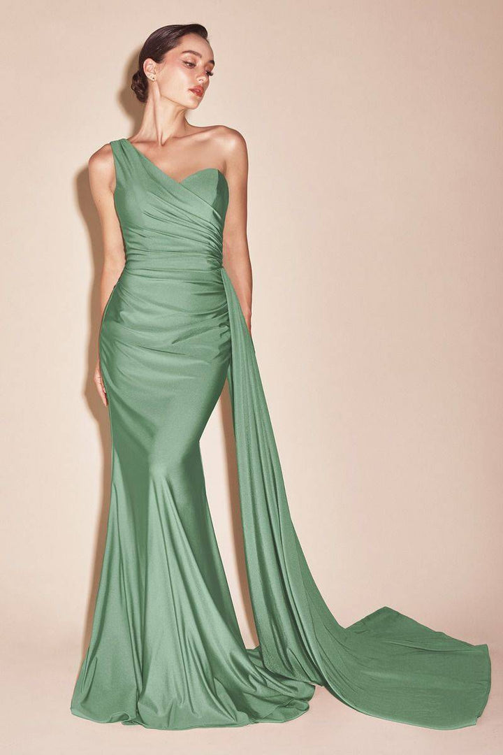 One Shoulde Stretch Satin Mermaid Side Hip Sash Long Prom Dress CDPT004