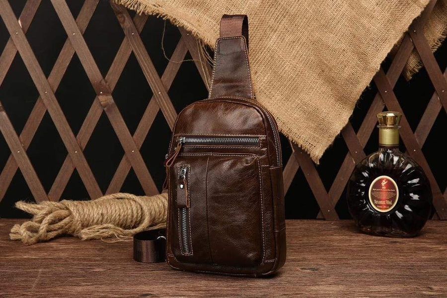 Rossie Viren Men Casual Genuine Leather Hiking Sling Chest Bag Business Travel Crossbody  Oil Wax Shoulder Bags-0