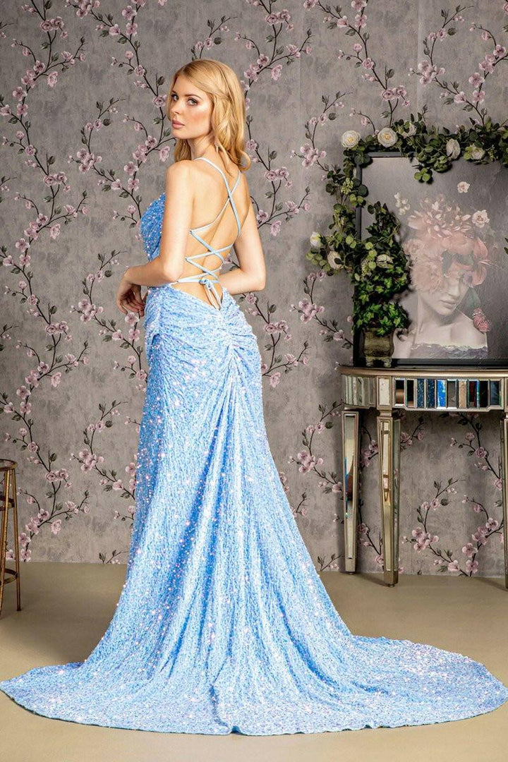 Sequin Ruched Side Cut-out Back Velvet Mermaid Long Evening Dress GLGL3322-Shangri-La Fashion