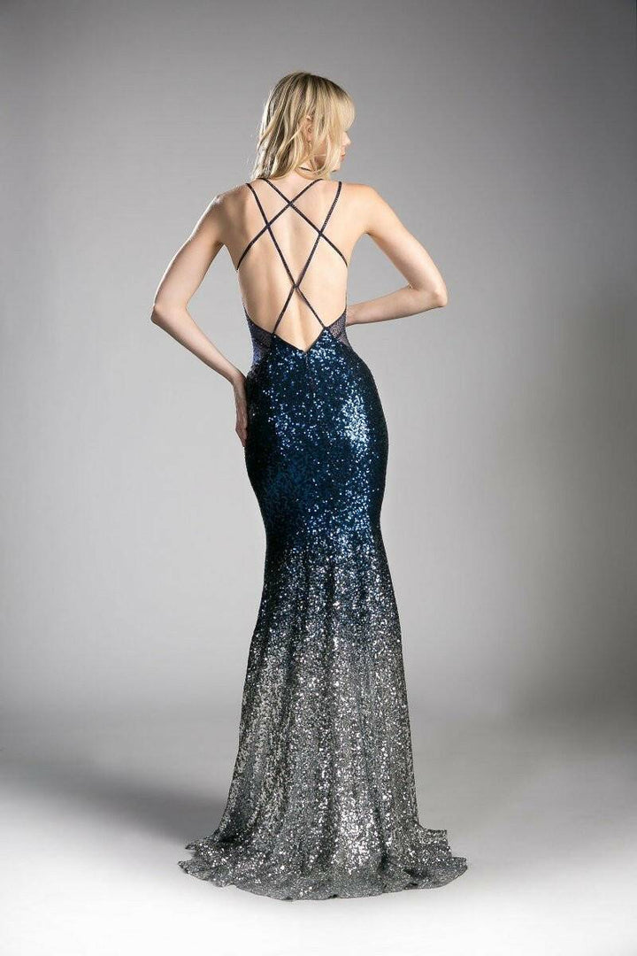 Sequin Sheath Trumpet Open Criss Cross Back Long Prom Dress CDCC8393