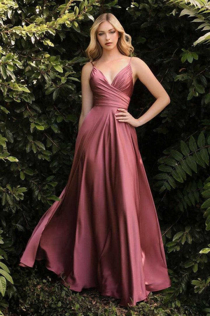 Satin A-line Deep V-Neckline Wrapped Bodice Open Back Long Prom & Bridesmaid Dress CD7485-Shangri-La Fashion