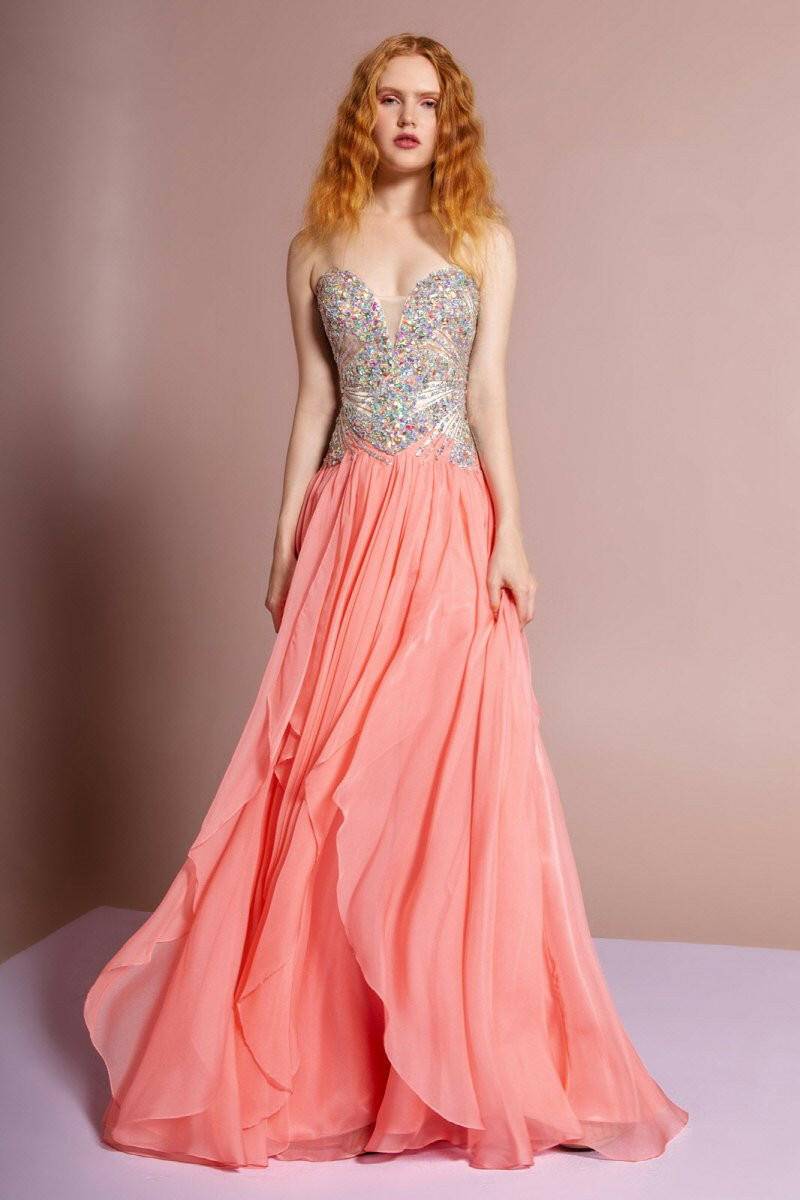 Strapless Sweetheart Chiffon with Sequin Embellished Bodice Long Prom Dress GLGL2092-Shangri-La Fashion