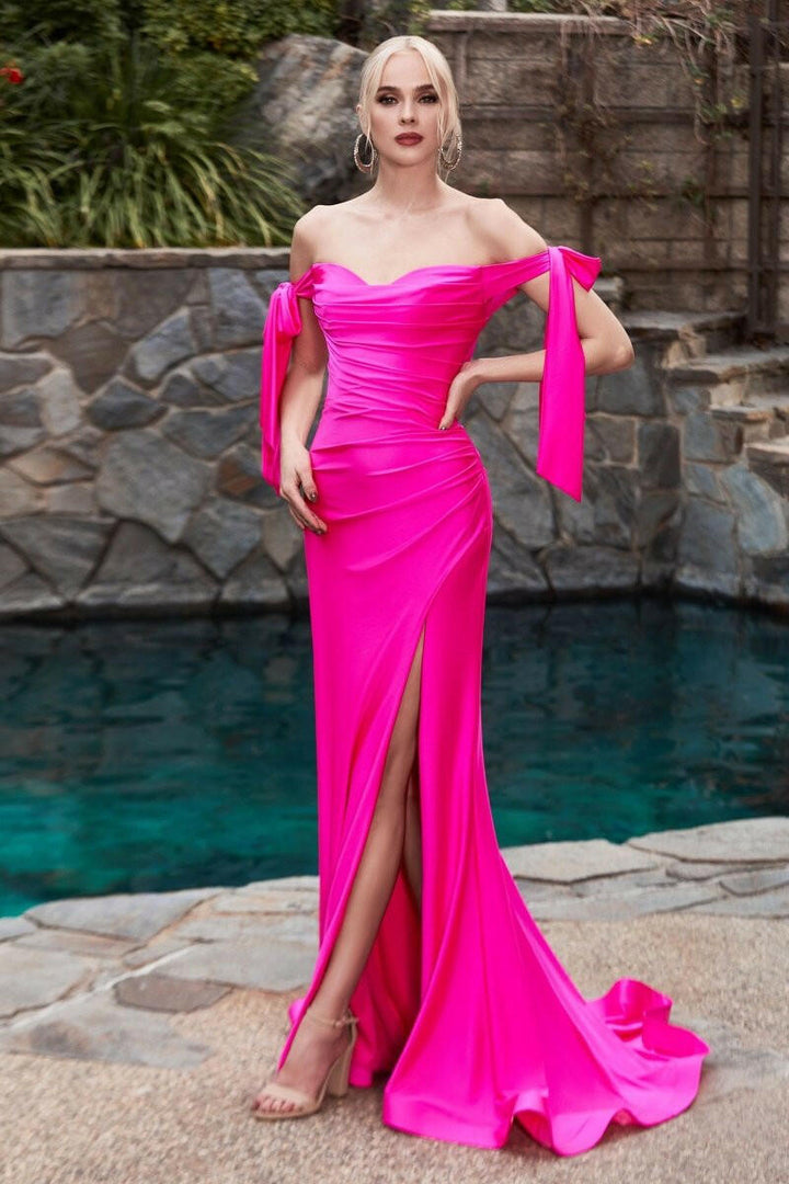 Stretch Jersey Gathered Off or On Shoulder Bodice Leg Slit Long Prom & Bridesmaid Dress CDCD943 Sale-Shangri-La Fashion